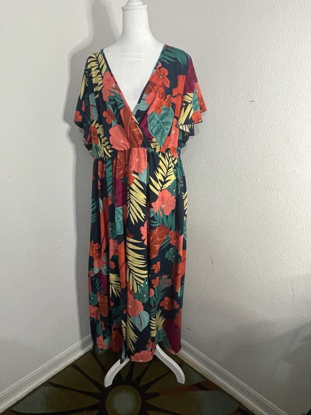 SHEIN Curve Tropical Floral Print V-Neck Split Maxi Dress 3XL